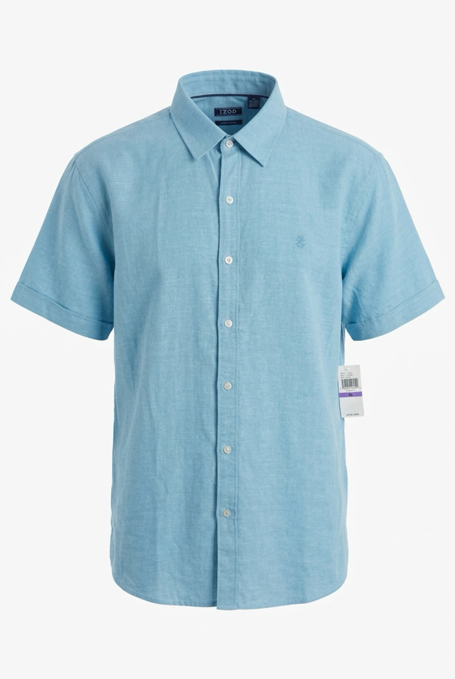 IZOD Short Sleeve Button Down Shirt Size L Blue Linen Blend